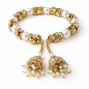 ✨Gold Pearl & Crystal Bracelet with Jhumka Tassels – Statement Piece✨